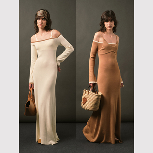 复古撞色领一字肩针织两件套弹力修身 法式 连衣裙 曼妙身姿 TOP家