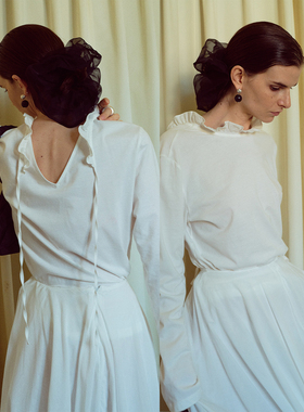 TOP家 两穿多搭 法式复古浪漫风情木耳花边领纯白匹马棉长袖T恤