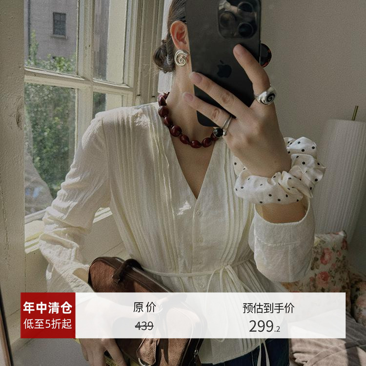 TOP家 浪漫减龄 法式复古塔克褶v领系结显瘦长袖上衣女