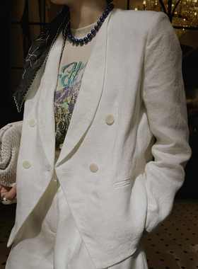 TOP家 经典老钱 法式复古休闲100%纯亚麻白色廓形西服/亚麻五分裤