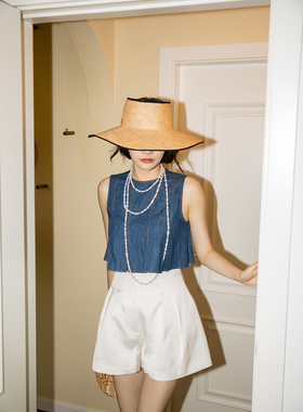 TOP家 完美搭配公式 法式复古简约高及醋酸仿麻西装短裤女2023夏