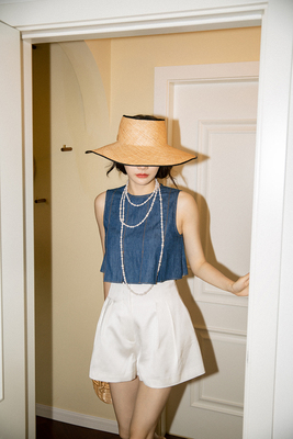 TOP家高腰简约醋酸仿麻短裤