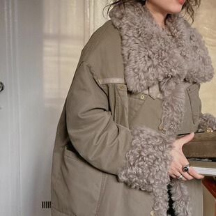 特TOP家托斯卡纳皮毛一体 复古巴恩风羊卷毛中长款派克鹅绒羽绒服