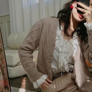 TOP家 温婉气质 法式浪漫复古v领毛球暗扣软糯羊毛针织开衫女秋冬
