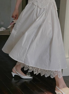 TOP家 优雅梦境 法式浪漫复古重工艺大摆伞裙白色蕾丝拼接半身裙