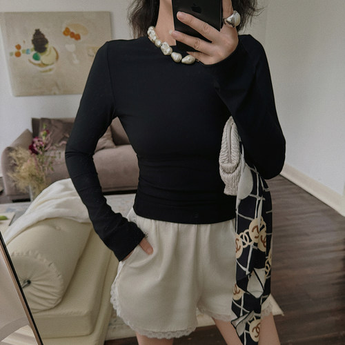 TOP家 精致美感 法式复古时髦基础款修身显瘦露背弹力长袖上衣秋