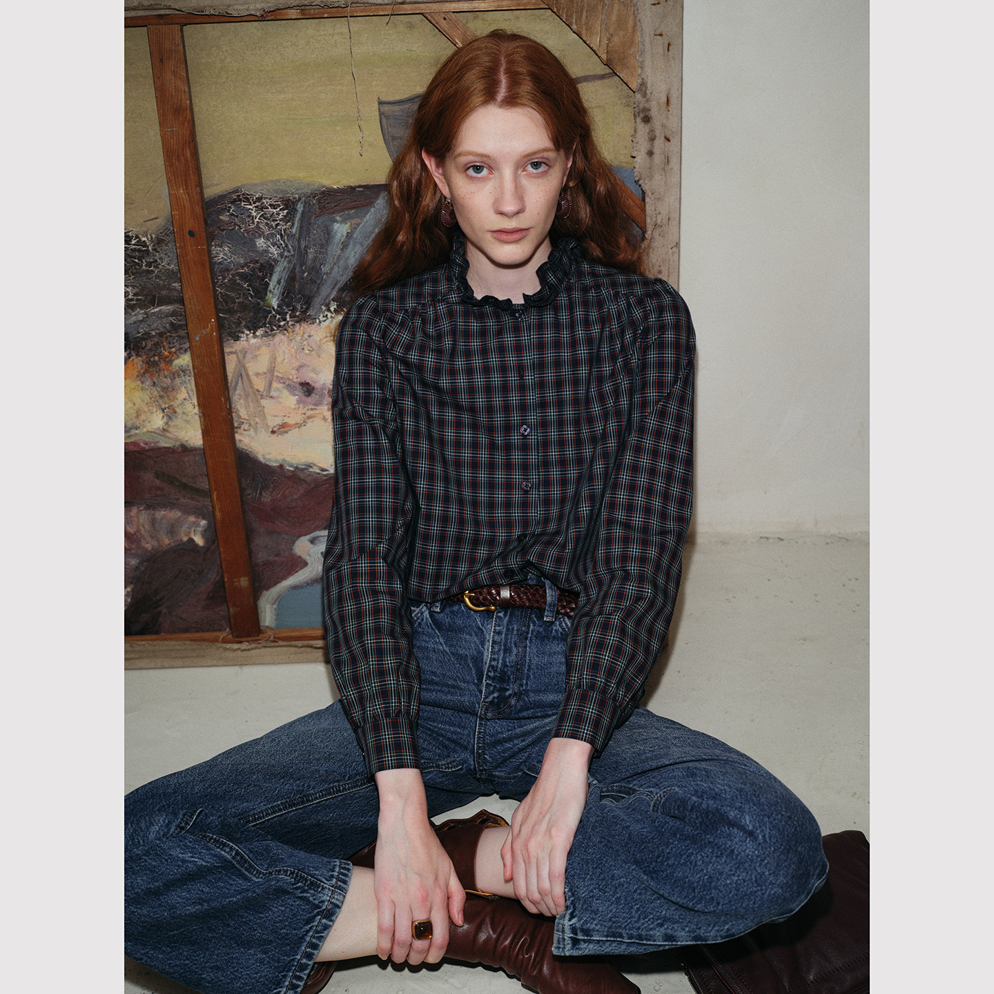 TOP家法式复古 高智感 灵动木耳花边领高智感格子衬衫