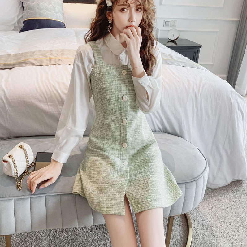 小香风吊带裙套装女春秋2019新款修身毛呢背带连衣裙两件套配衬衫手慢无