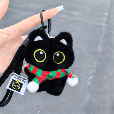可爱毛绒大眼小黑猫公仔挂件挂饰