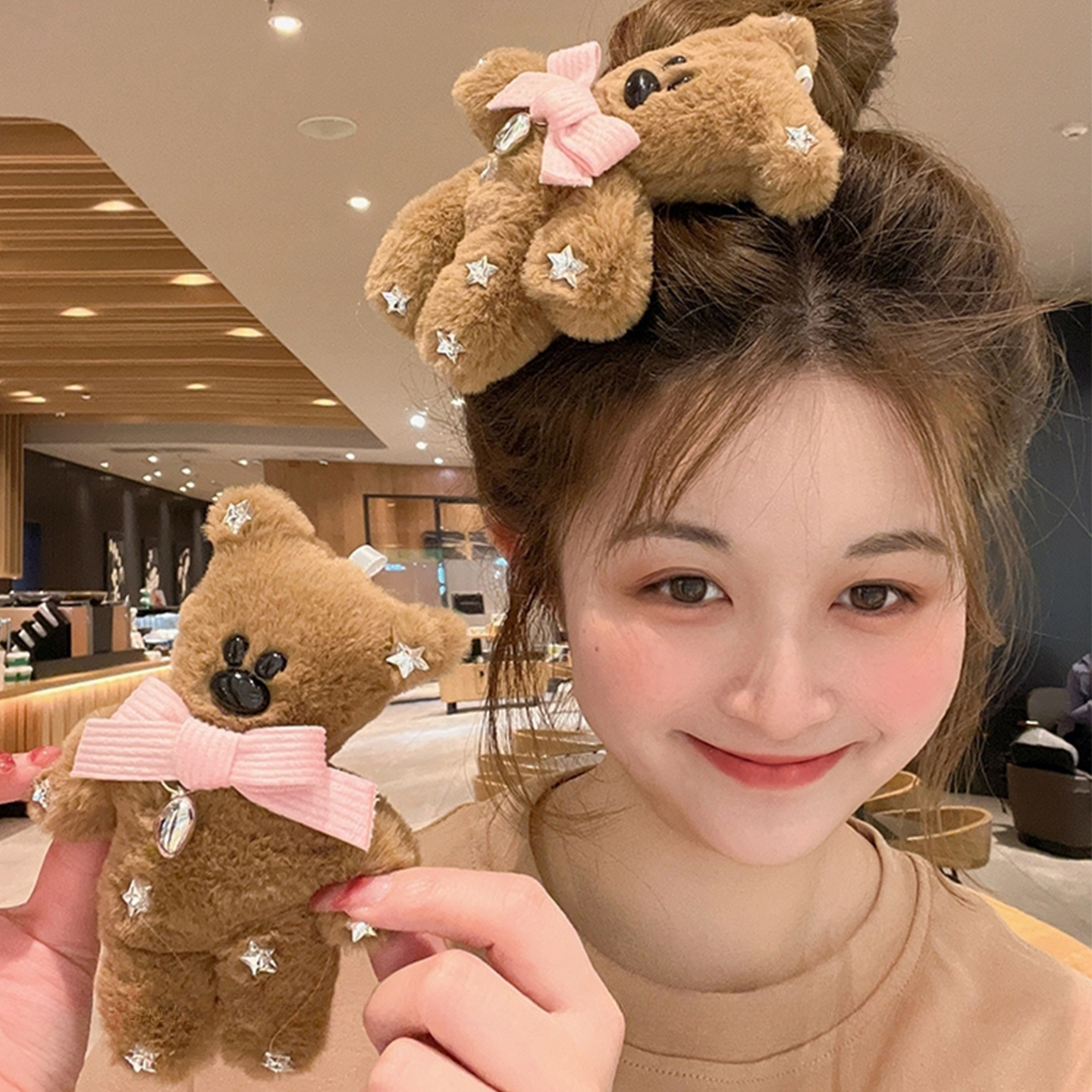 憨豆先生同款大号毛绒小熊发夹