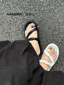 海嘿儿欧货女拖鞋2025夏新款套指羊皮平底一字拖女外穿沙滩凉拖鞋