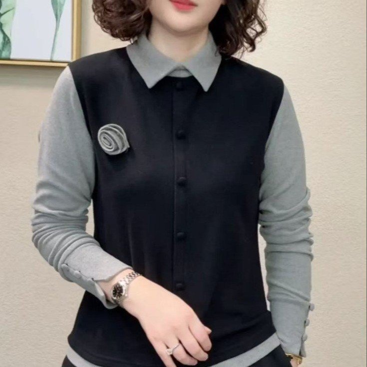 /佐盾女装秋冬高级感衬衫领打底衫女气质长袖针织衫百搭拼接上衣