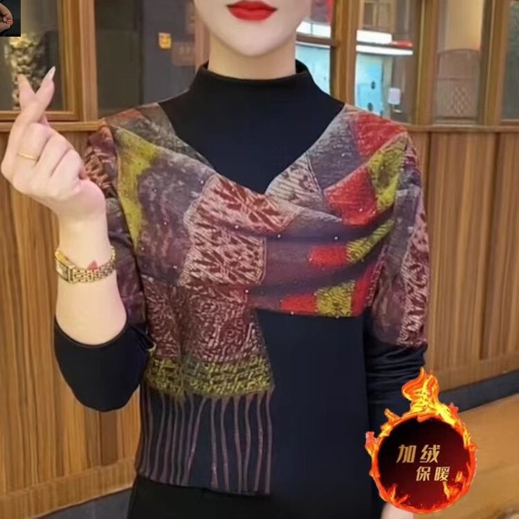 旦木2025秋冬季新款半高领假围巾印花烫钻打底衫上衣小衫T恤