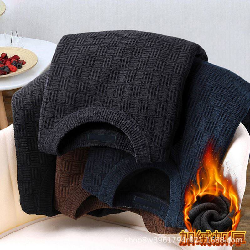 *凯丽优选男装高档加绒提花卫衣秋冬男套头打底衫中老年宽松上衣