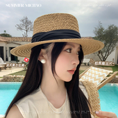 网红海边度假沙滩帽复古时尚 韩版 ins平顶草帽女夏季 宽檐遮阳礼帽