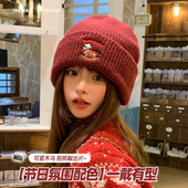 韩系小马红色针织帽女冬季 圣诞过年保暖护耳可爱毛线帽显脸小冷帽