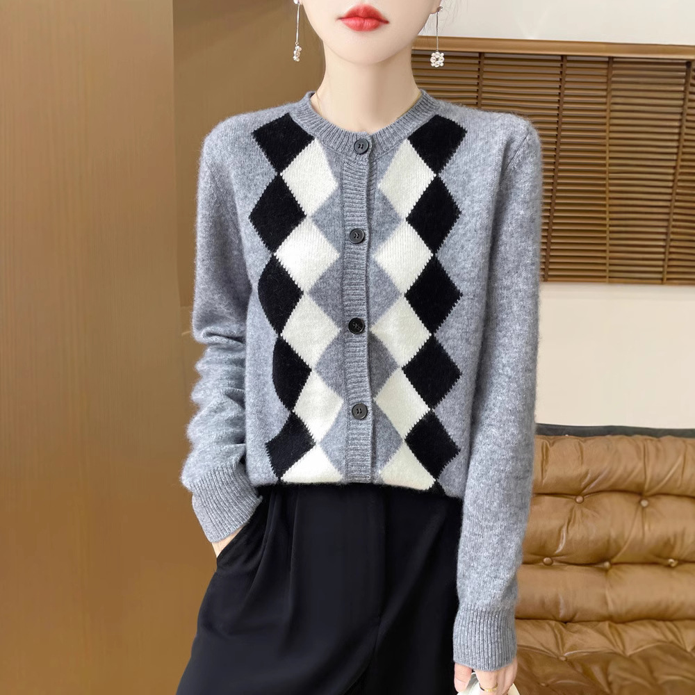 复古撞色上衣小众别致新款羊毛针织开衫女温柔风纯羊毛毛衣外套