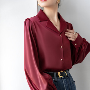 领设计感小众长袖 宽松洋气上衣西装 衬衣潮 女春秋新款 黑色缎面衬衫
