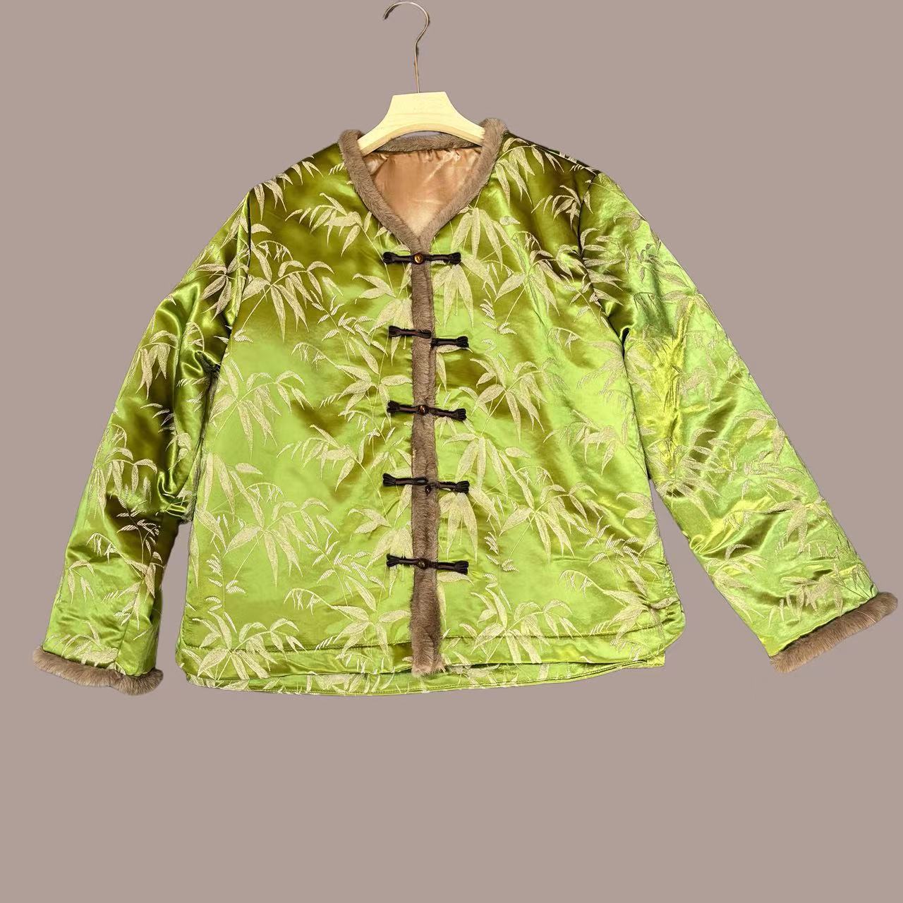 2025新款新中式国风桑蚕丝提花外套拼接毛毛气质唐装棉衣棉服