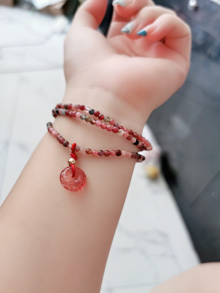 包邮/纯天然巴西碧玺半宝石手链/三圈手串草莓晶平安扣吊坠小颗粒