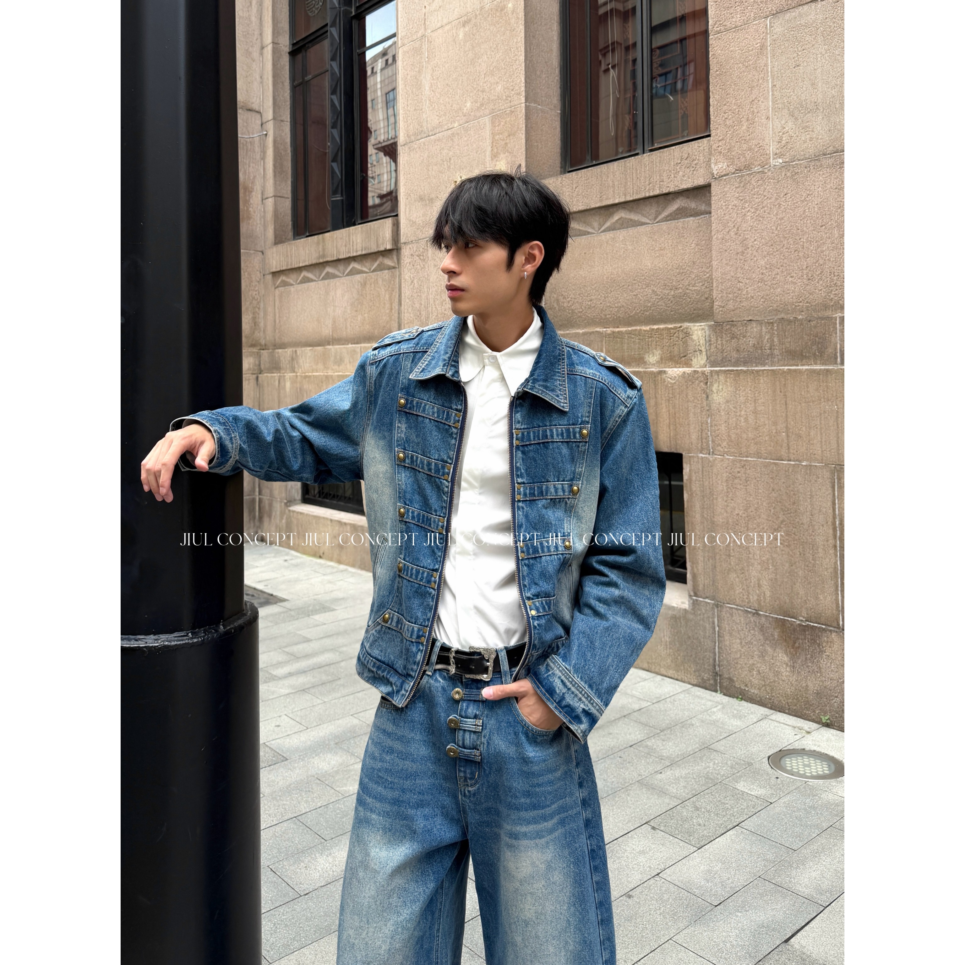 JIUL 拿破仑肩章短款牛仔水洗夹克外套弯刀裤通勤牛仔套装
