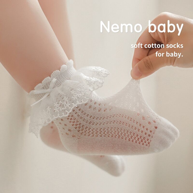 夏季儿童蕾丝袜子薄款网眼蝴蝶结婴儿女宝宝公主花边无骨短袜0-3