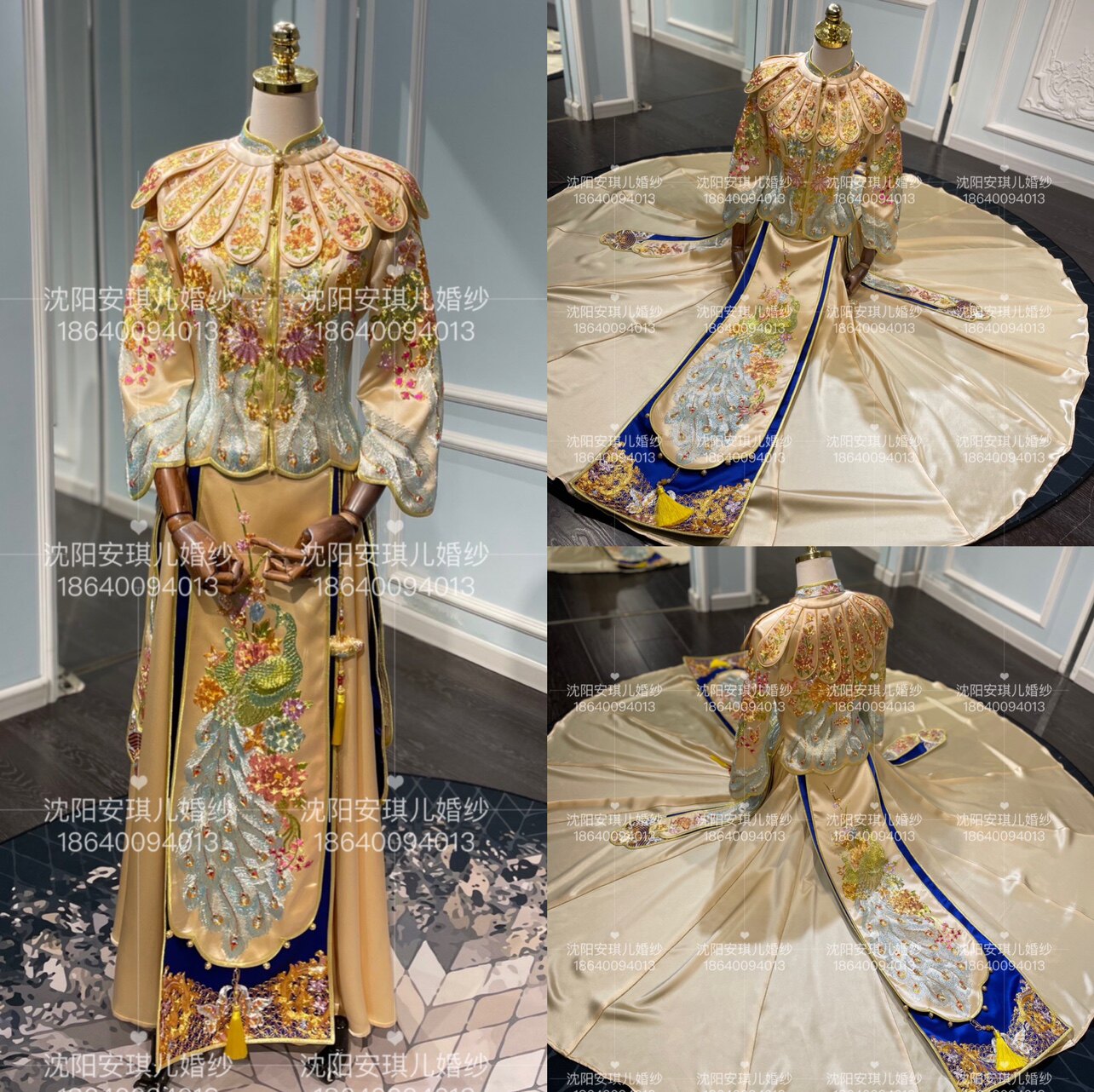 新娘中式金色云肩手工刺绣盘金绣陈斌家正版龙凤褂大摆秀禾服出租