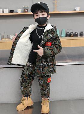 儿童迷彩服加绒男童套装小男孩警察服消防员公安服秋冬季迷彩军人