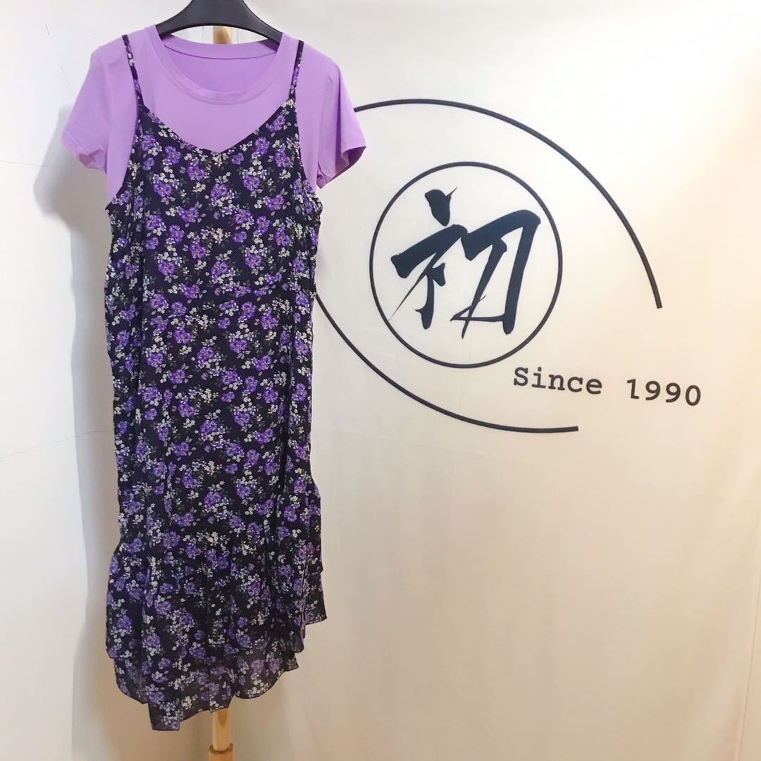 紫色碎花雪纺吊带连衣裙女2020新款法式赫本风长裙小清新两件套装 女装/女士精品 连衣裙 原图主图