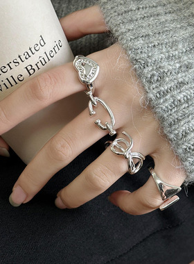 日韩潮流时尚叠戴戒指女蝴蝶结爱心形可调节几何感轻奢食指环包邮