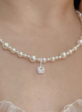 温柔方糖白钻珍珠项链
