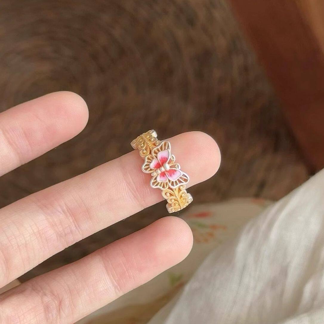 幻蝶新中式复古精致手工珐琅彩蝴蝶银戒指送礼物轻奢甜美开口戒指