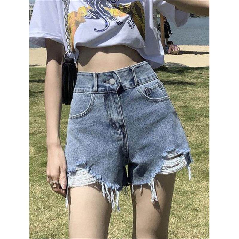 拉夏贝尔浅色破洞牛仔短裤女夏季新款多巴胺穿搭高腰显瘦辣妹热裤