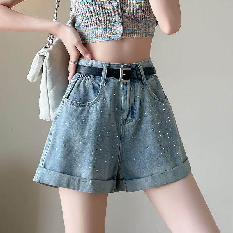 蓝色烫钻卷边牛仔短裤女夏季薄款2026新款高腰显瘦a字阔腿热裤子