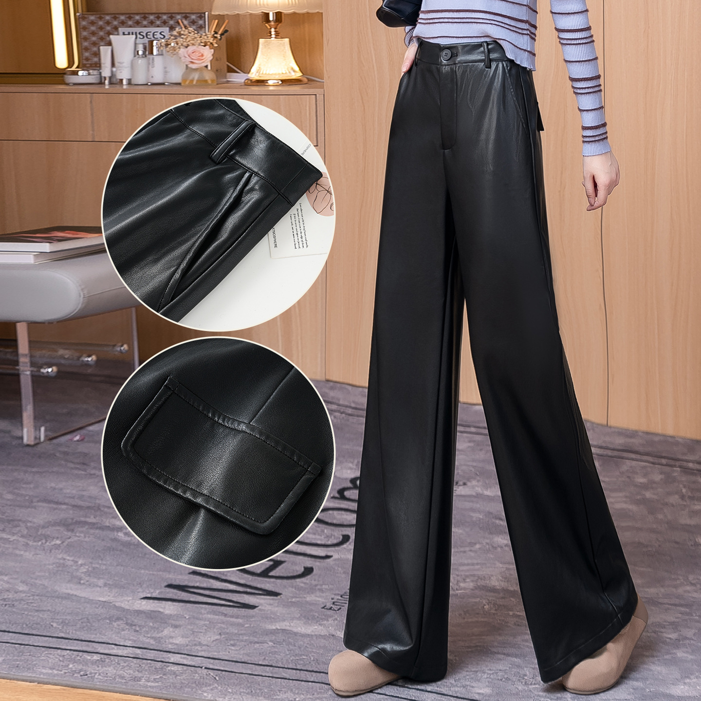 长款皮裤女款2025新款冬季加绒加厚阔腿裤垂感郑州女裤pu皮直筒裤