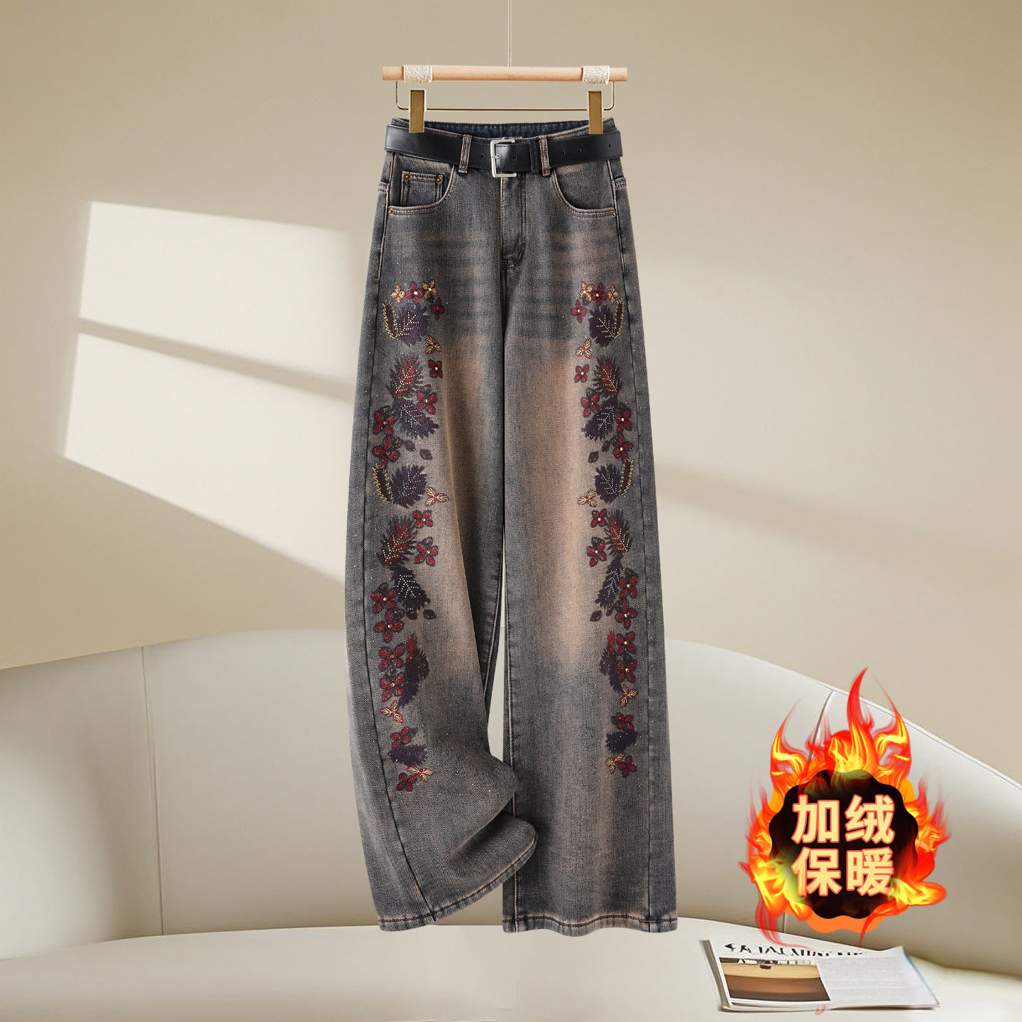 中国风刺绣牛仔裤女高腰直筒显瘦阔腿裤设计感长裤,女装/女士精品,大码裤装,淘宝优惠券,粉丝福利购,淘宝优惠卷