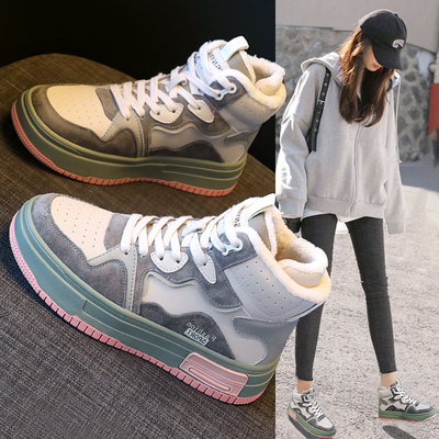 高帮运动鞋女冬季2025新款厚底加绒休闲鞋爆款拼色百搭短筒雪地靴