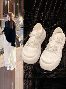 厚底白女鞋2025新春秋季民族风格中国风缎透气休闲运动鞋覆古厚底