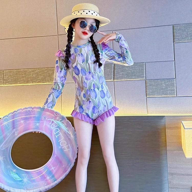 女童游泳衣2025新款长袖防晒儿童泳装公主风荷叶边中大童温泉泳衣