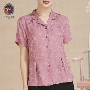 三变钱塘真丝提花桑波缎大码春夏妈妈装中老年短袖衬衫上衣