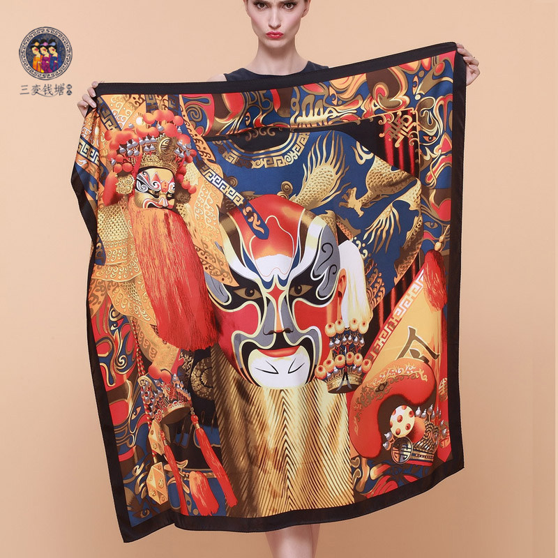 三变钱塘商务高端礼品秋冬季中国风桑蚕丝真丝软缎超大方围巾脸谱