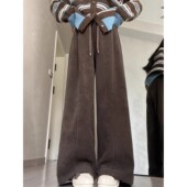 咖色灯芯绒阔腿裤 女秋冬加绒小个子高腰显瘦运动宽松直筒休闲卫裤