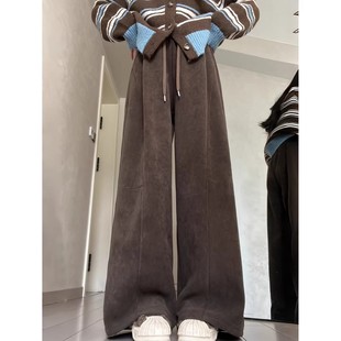 咖色灯芯绒阔腿裤女秋冬加绒小个子高腰显瘦运动宽松直筒休闲卫裤