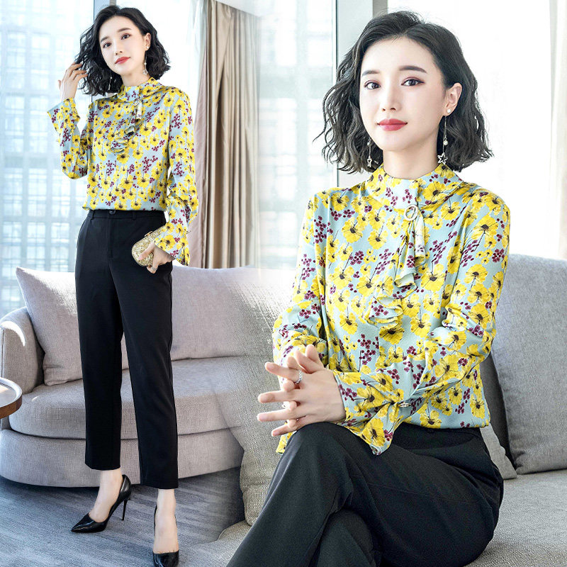 2020 Spring new pattern Ribbon Real silk shirt Lotus leaf Long sleeve Blouse Western style mulberry silk Easy printing jacketin the Women's clothing/Boutique , Shirt  category - from Buy2taobao.com to provide professional Taobao agent buy service