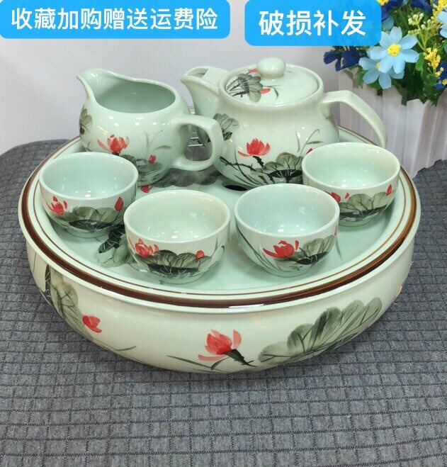 陶泽华功夫茶具酒店会客简约家用组合套装手彩荷花办公杯干泡盘