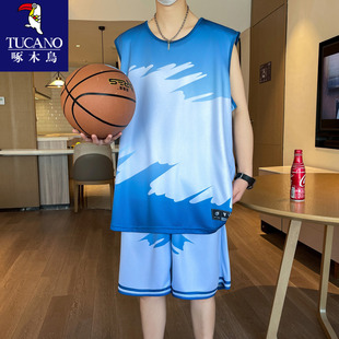 啄木鸟 冰丝t恤男夏季速干背心短裤球衣青少年男生篮球服运动套装