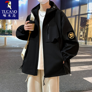 啄木鸟冲锋衣外套男款秋冬季新款加绒加厚风衣夹克青少年男生冬装