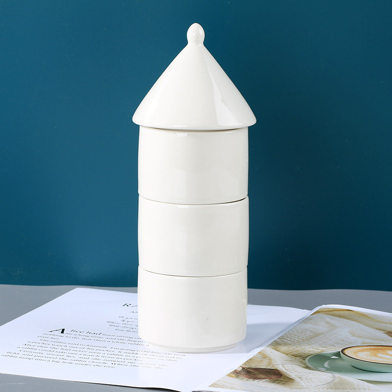 景德镇陶瓷三层储物罐干果零食罐子防潮防腐带盖首饰罐简约小房子