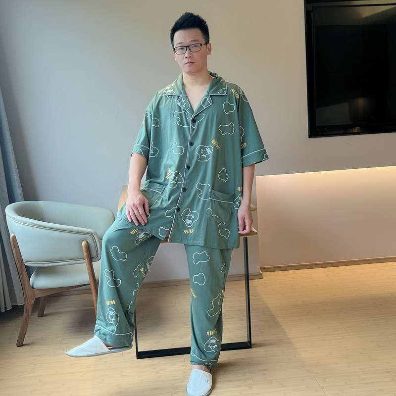 夏季纯棉短袖长裤男士睡衣开衫薄款青少年胖子卡通家居服大码套装,女士内衣/男士内衣/家居服,睡衣/家居服套装,淘宝优惠券,粉丝福利购,淘宝优惠卷