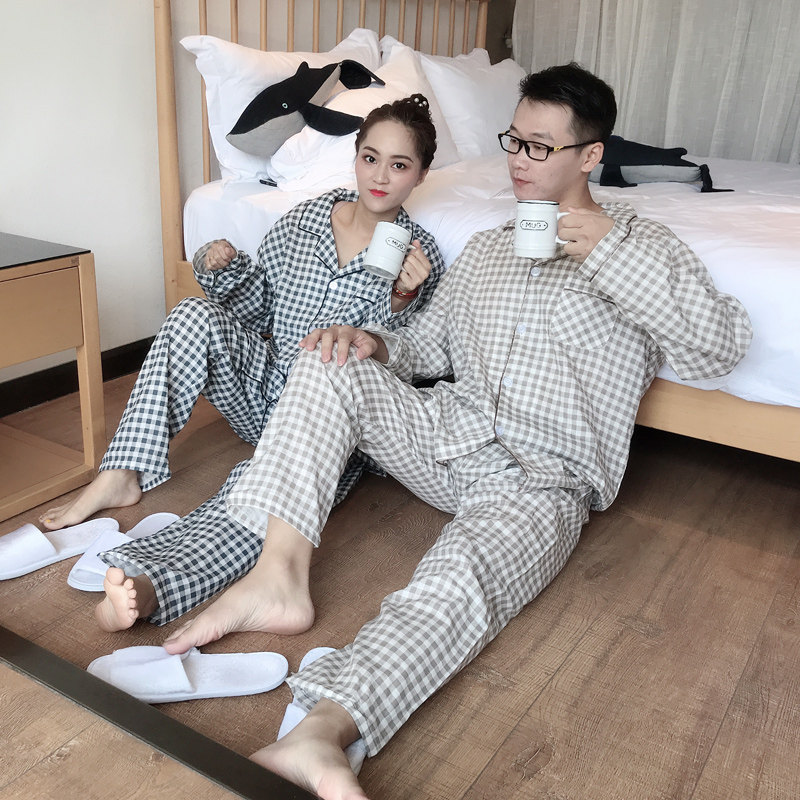 春夏季薄款纯棉长袖情侣格子睡衣棉纱全棉纱布200斤加大码家居服